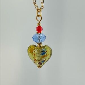 Yellow Klimt Inspired Murano Heart Pendant Necklace, Artisan Lamp Work Glass